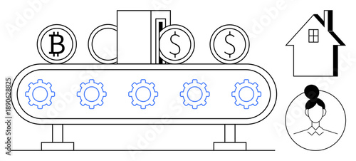 Fintech services, financial automation, banking solutions, cryptocurrency, online transactions, investments. Conveyor belt with Bitcoin, Dollar coins house and person icons. Fintech services
