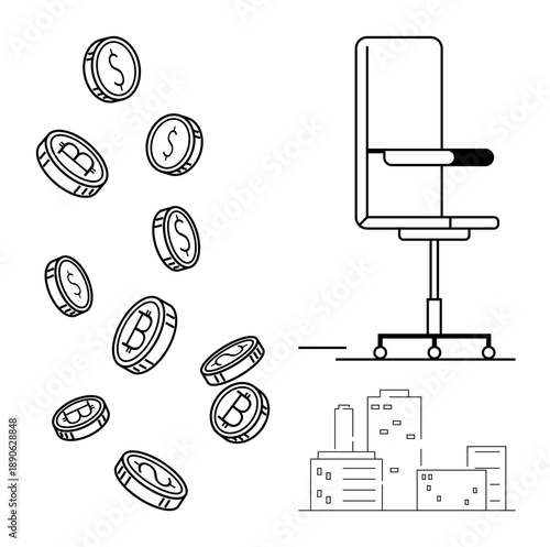 Cryptocurrency, business investment, digital finance, corporate success, urban development, workplace dynamics. ion of coins, an office chair and city buildings. Cryptocurrency and business