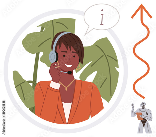 Customer support, AI interaction, business assistance, digital communication, teamwork, future tech. Smiling agent with headset, AI bot below upward arrow. Customer support and AI interaction