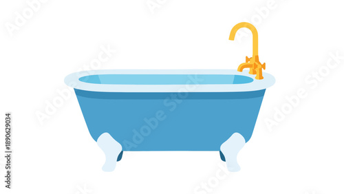 Blue Clawfoot Bathtub with Golden Faucet, Vector Illustration, Bathroom Interior Design Element, Clean and Modern Graphic