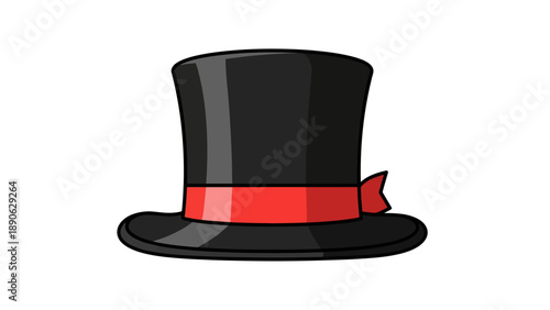 Black Top Hat with Red Ribbon Vector Illustration, Classic Formal Headwear Graphic, Elegant Accessory Design, Party and Event Element