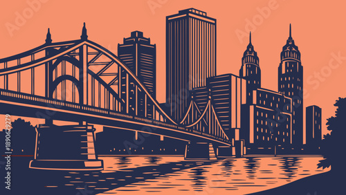Pittsburgh skyline shows a stunning view of city skyscrapers and a bridge over water. Suitable for travel guides, websites, and brochures.