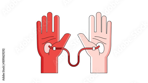 Blood Donation Concept Vector Illustration: Two Hands Connected by Tube, Symbolizing Life Transfer and Medical Care