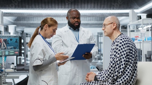 Canvastavla Medical researchers conducting patient evaluation in a laboratory drug study, collecting data on treatment outcomes and side effects, supporting toxicology and immunology research
