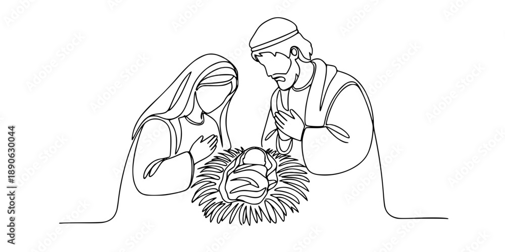 Fototapeta premium A Christmas nativity scene with Mary, Joseph, and baby Jesus. Continuous line drawing. Vector illustration. 