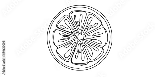 A round slice of lemon or orange with distinct segments, symbolizing freshness, vitamins, and healthy eating. Drawing in one line art style with editable black stroke. 