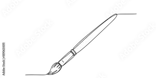 One continuous line of a classic art brush. Line art of a paint brush. Drawing in one line style with a black stroke. Vector illustration.