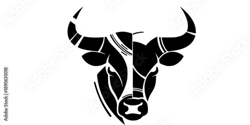 Bull head icon. Silhouette of a bull, cow or buffalo head with horns: black silhouette and outline lines.