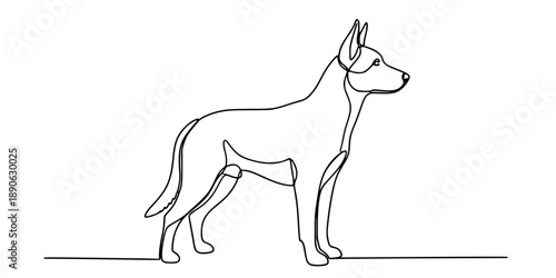 Continuous one line drawing of a dog standing in profile. Editable black stroke on a white background. Vector illustration.
