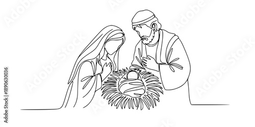 A Christmas nativity scene with Mary, Joseph, and baby Jesus. Continuous line drawing. Vector illustration.
