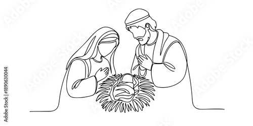 A Christmas nativity scene with Mary, Joseph, and baby Jesus. Continuous line drawing. Vector illustration.
