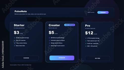 Pricing Plans UI, UX, Kit. Concept with Subscription Cards in Dark Mode. Modern subscription pricing UI, UX interface, table concept in dark mode. Three plan cards with monthly pricing. Vector set