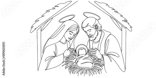 A Christmas nativity scene with Mary, Joseph, and baby Jesus. Continuous line drawing. Vector illustration.
