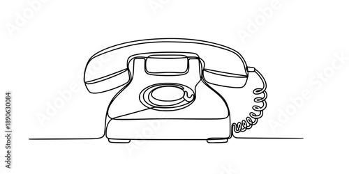 Drawing of a telephone receiver in one line art style. Communication device illustration with editable stroke. 