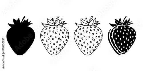 Strawberry icon. Strawberry berry with leaves: black silhouette and outline lines, isolated on a white background.