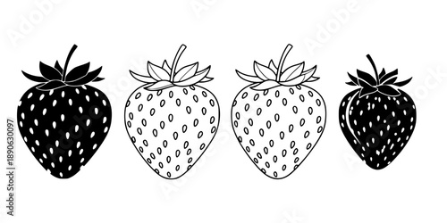 Strawberry icon. Strawberry berry with leaves: black silhouette and outline lines, isolated on a white background.