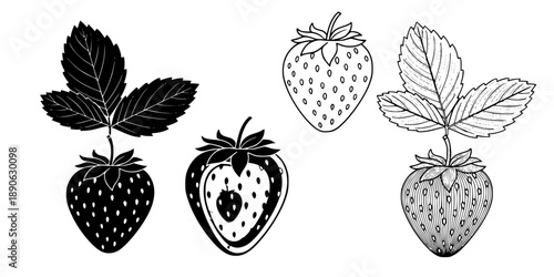 Strawberry icon. Strawberry berry with leaves: black silhouette and outline lines, isolated on a white background.