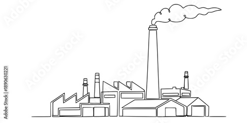 Drawing of an industrial plant or factory with a chimney in one line art style. 