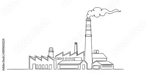 Drawing of an industrial plant or factory with a chimney in one line art style. 
