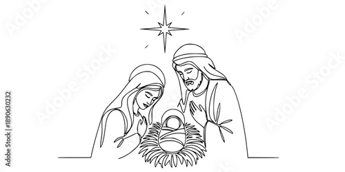 A Christmas nativity scene with Mary, Joseph, and baby Jesus. Continuous line drawing.