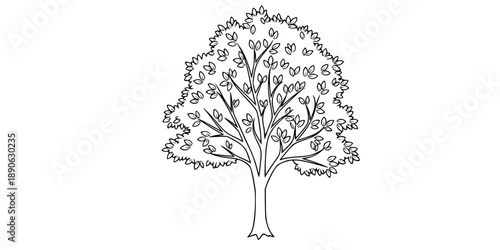 Black leafy tree in single line art style. Editable minimalist tree drawing on white background. 