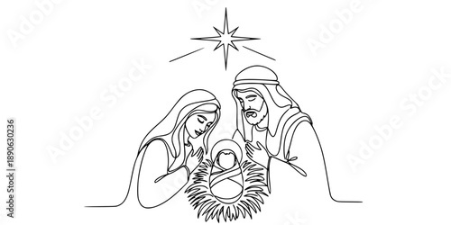 A Christmas nativity scene with Mary, Joseph, and baby Jesus. Continuous line drawing.