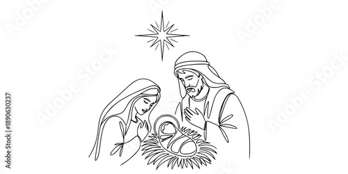 A Christmas nativity scene with Mary, Joseph, and baby Jesus. Continuous line drawing.