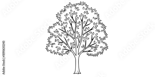 Black leafy tree in single line art style. Editable minimalist tree drawing on white background. 