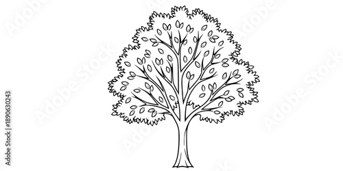 Black leafy tree in single line art style. Editable minimalist tree drawing on white background. 