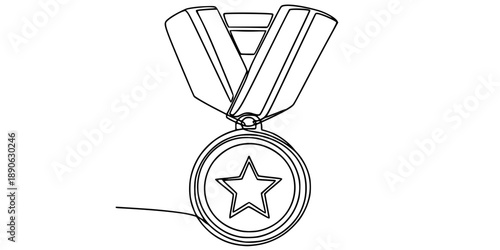 Medal with ribbons in one line art style. Medal drawing with editable black stroke on white background. 