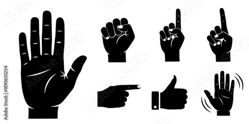 Stop hand icon. Set of hand icons. Black silhouette of hand in flat style, isolated on a white