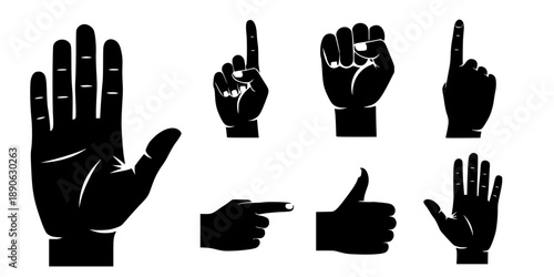 Stop hand icon. Set of hand icons. Black silhouette of hand in flat style, isolated on a white