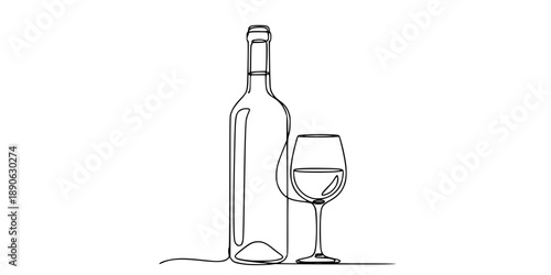 Wine bottle and wine glass drawing with one continuous line.