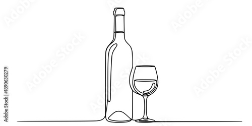 Wine bottle and wine glass drawing with one continuous line.