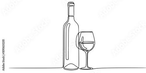 Wine bottle and wine glass drawing with one continuous line.