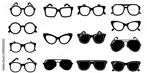 Glasses icon. Set of glasses icons. Black glasses silhouette isolated on white
