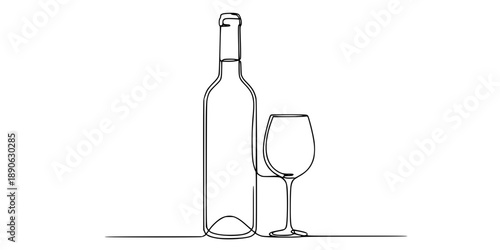 Wine bottle and wine glass drawing with one continuous line.