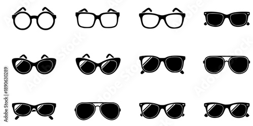 Glasses icon. Set of glasses icons. Black glasses silhouette isolated on white