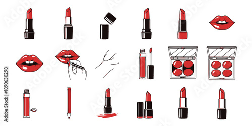 Red lipstick icons set. Womens lipstick icon in flat style. Vector illustration
