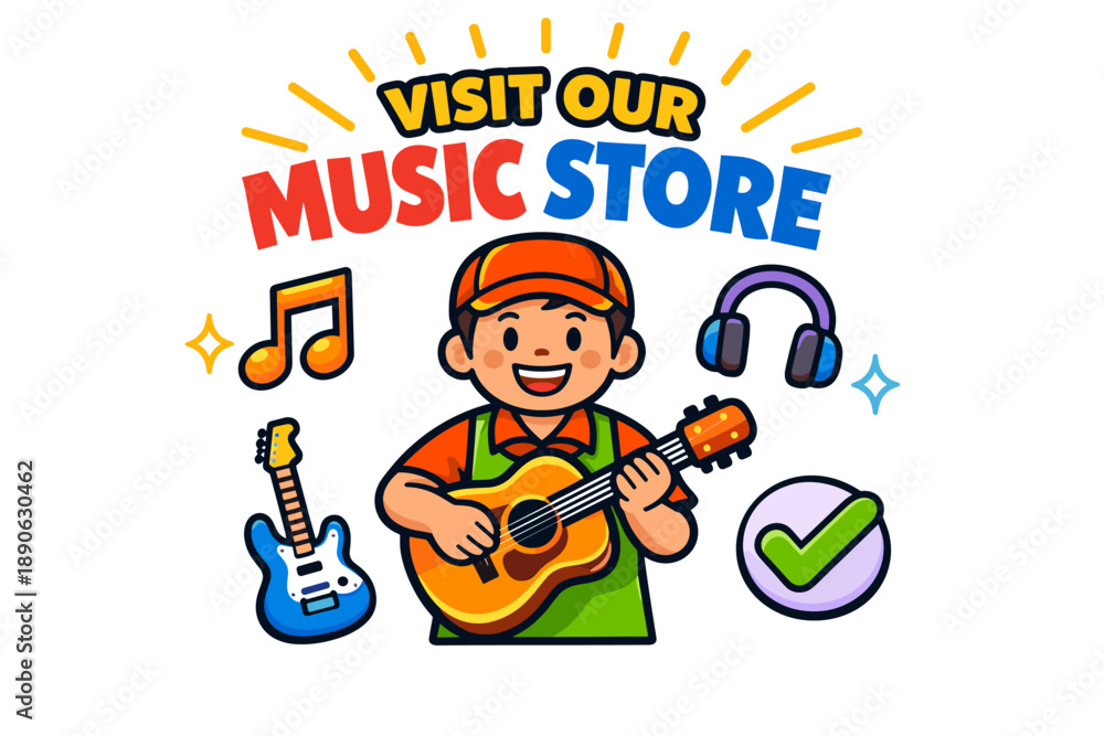 Fototapeta premium Colorful music store promotion with cartoon boy playing guitar