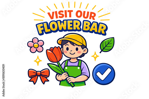 Cartoon florist invitation with boy and colorful floral elements