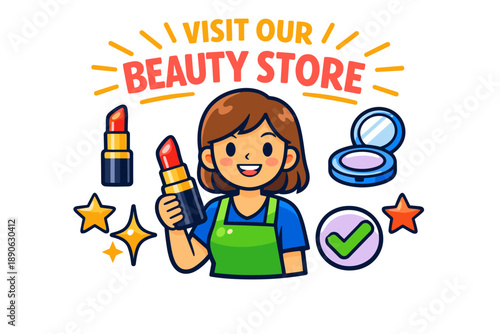Cartoon woman promoting beauty store with makeup products