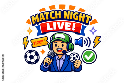 Young male host in headset with soccer elements promoting match night live event