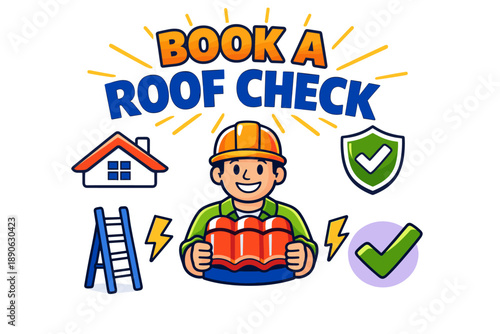 Roof inspection promotion with cartoon worker and checkmark symbols
