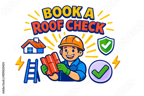 Cartoon male roofer promoting roof check service with tools and safety icons