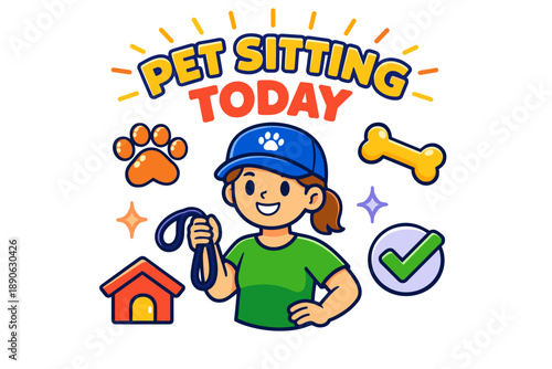 Colorful illustration of female pet sitter with dog accessories and icons