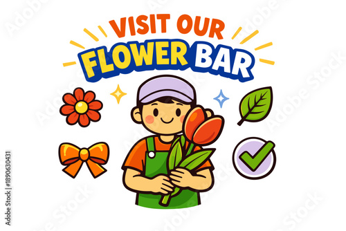 Visit our colorful flower bar with smiling cartoon gardener holding tulips