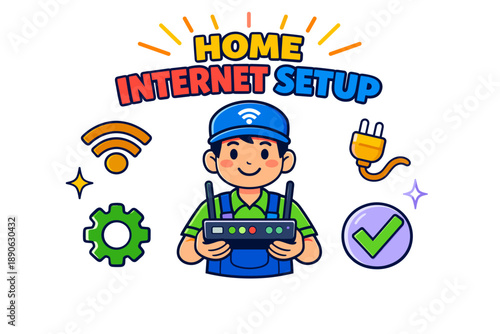 Young caucasian male technician setting up home internet connection with router and icons