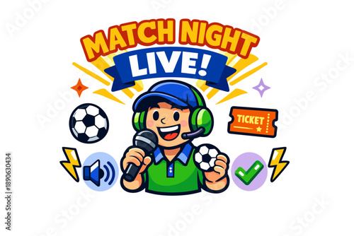 Energetic male sportscaster promoting match night live event with soccer theme