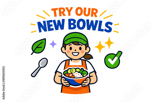 Smiling girl promoting new salad bowls with fresh ingredients